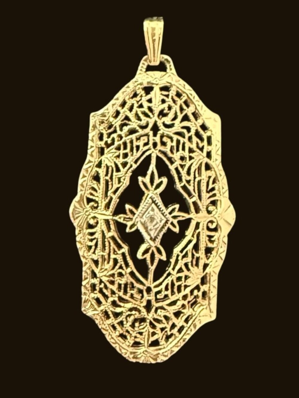 Vintage Art Deco Filigree 12K Gold Filled Filigree Pendant With Diamond Accent